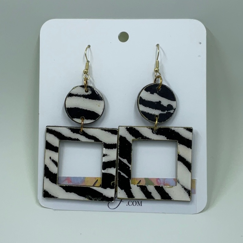 Hand Crafted Black and White Square Zebra Animal Print Statement Earrings